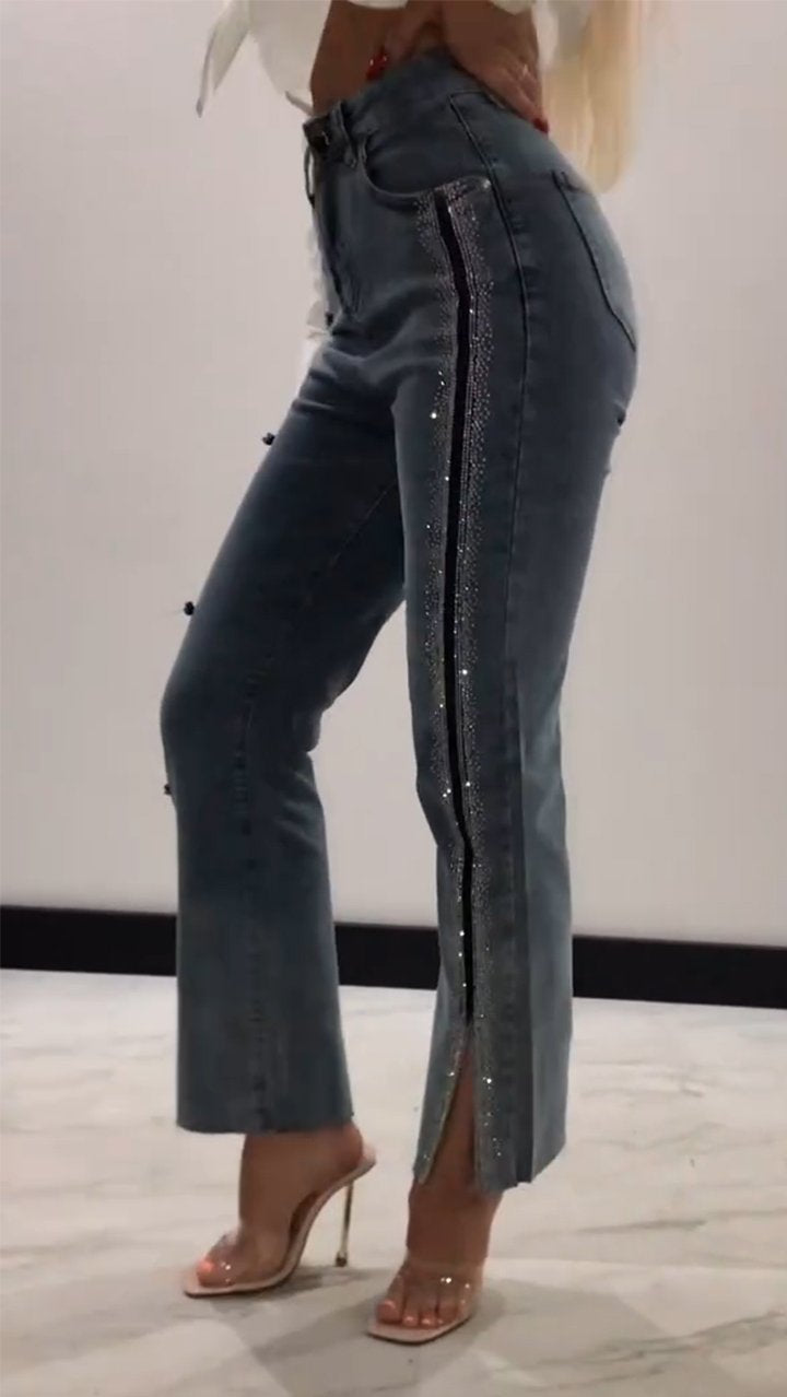 lusailstore - Women's Diamond-Patterned Slit Slim-Fit Jeans