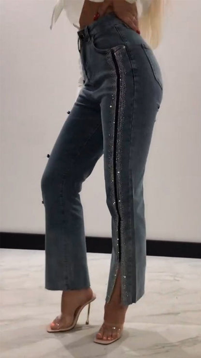 lusailstore - Women's Diamond-Patterned Slit Slim-Fit Jeans