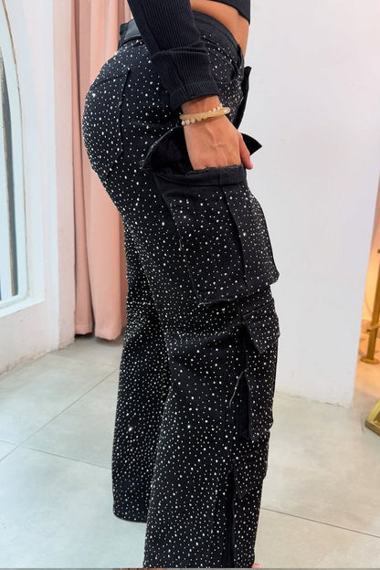 lusailstore - Casual street style rhinestone-studded cargo jeans