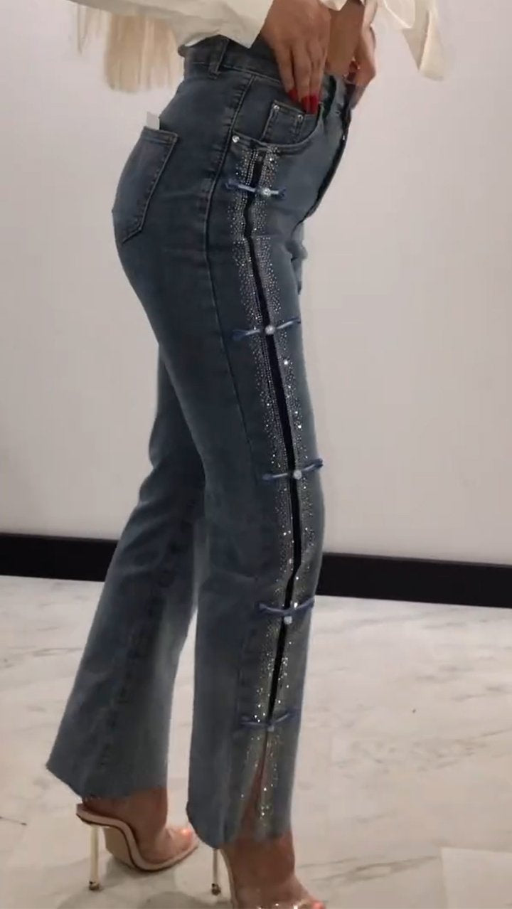 lusailstore - Women's Diamond-Patterned Slit Slim-Fit Jeans