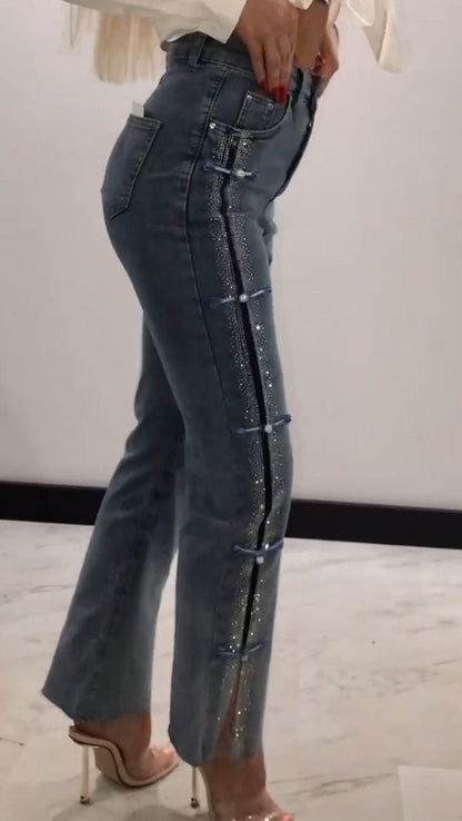 lusailstore - Women's Diamond-Patterned Slit Slim-Fit Jeans