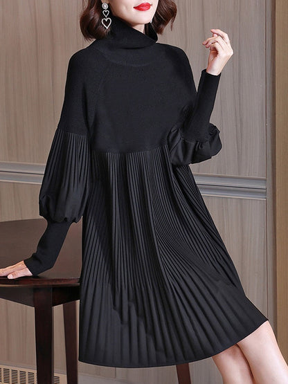 lusailstore - Plus Size Solid Color Lantern Sleeve Knit Dress