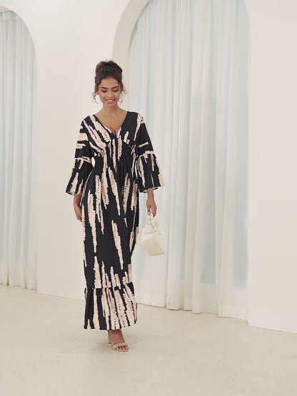 lusailstore - V-neck tie-dye print dress
