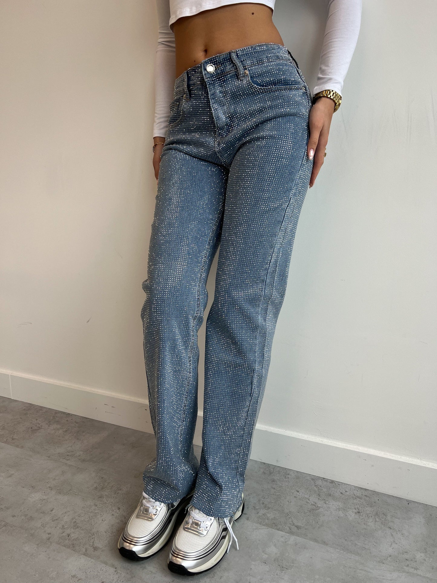 lusailstore - Sparkling Rhinestone Straight Leg Jeans