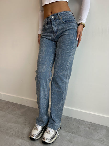lusailstore - Sparkling Rhinestone Straight Leg Jeans