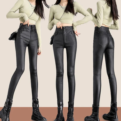 lusailstore - Women's 3-button quilted matte leather leggings