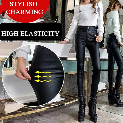 lusailstore - Women's 3-button quilted matte leather leggings