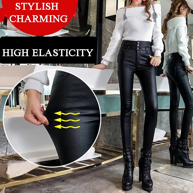 lusailstore-Women's Three-Button Quilted Matte Leather Leggings