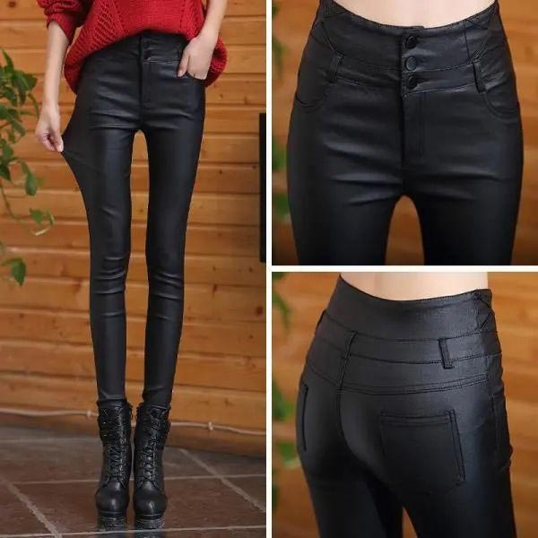 lusailstore - Women's 3-button quilted matte leather leggings