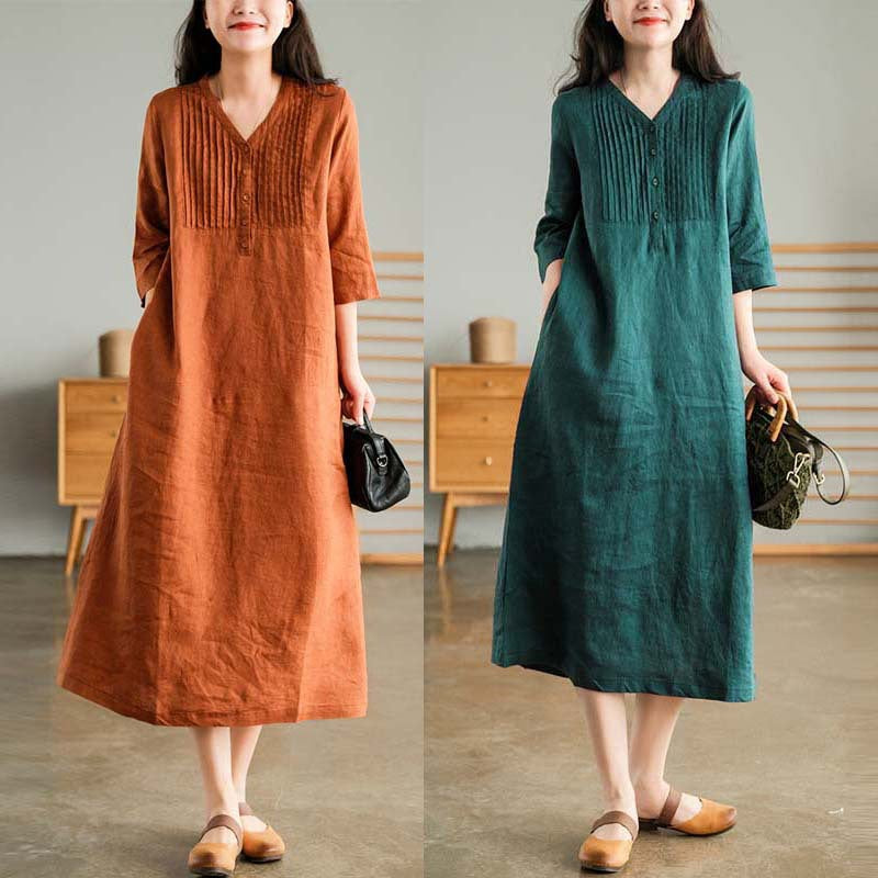 lusailstore-Women's Cotton Linen V-Neck Half Sleeve Dress