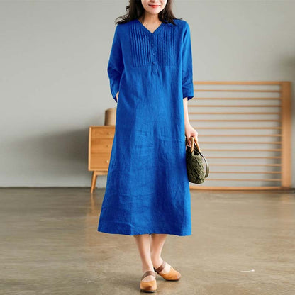 lusailstore-Women's Cotton Linen V-Neck Half Sleeve Dress