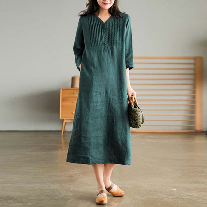 lusailstore-Women's Cotton Linen V-Neck Half Sleeve Dress