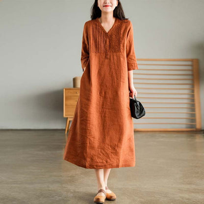 lusailstore-Women's Cotton Linen V-Neck Half Sleeve Dress