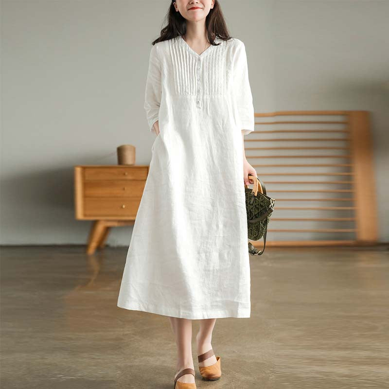 lusailstore-Women's Cotton Linen V-Neck Half Sleeve Dress