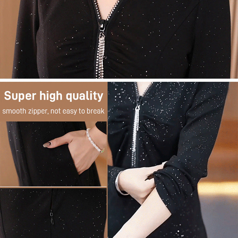 lusailstore - Glitter Slim Fit Half Zipper Dress