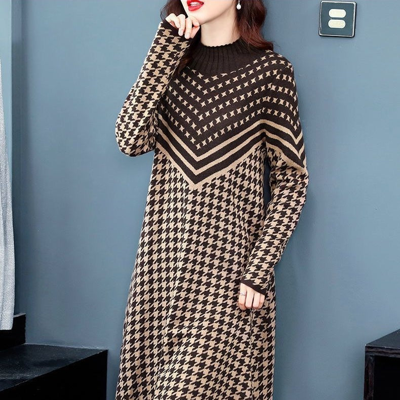 lusailstore-Printed Plaid Knit Dress