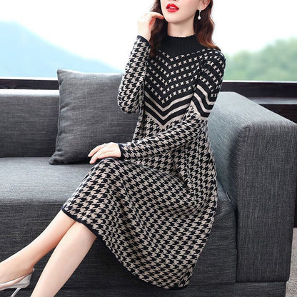 lusailstore-Printed Plaid Knit Dress