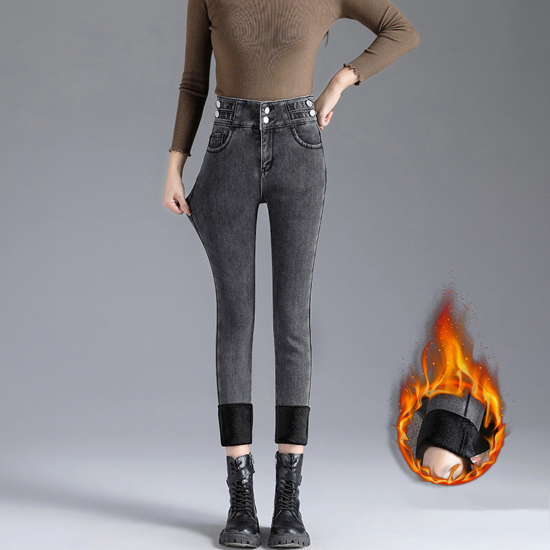 lusailstore-Women's high waist thick plush skinny jeans