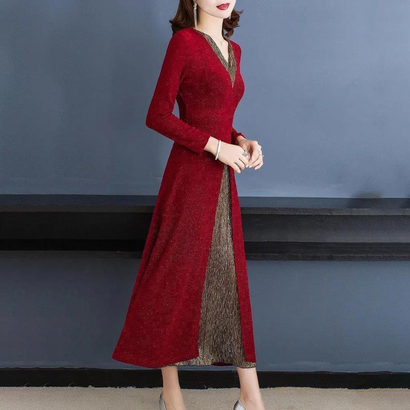 lusailstore-Lady’s Temperament Fake 2-piece Long-sleeve Dress