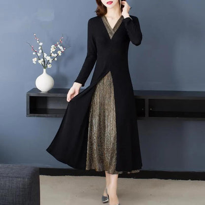 lusailstore-Lady’s Temperament Fake 2-piece Long-sleeve Dress