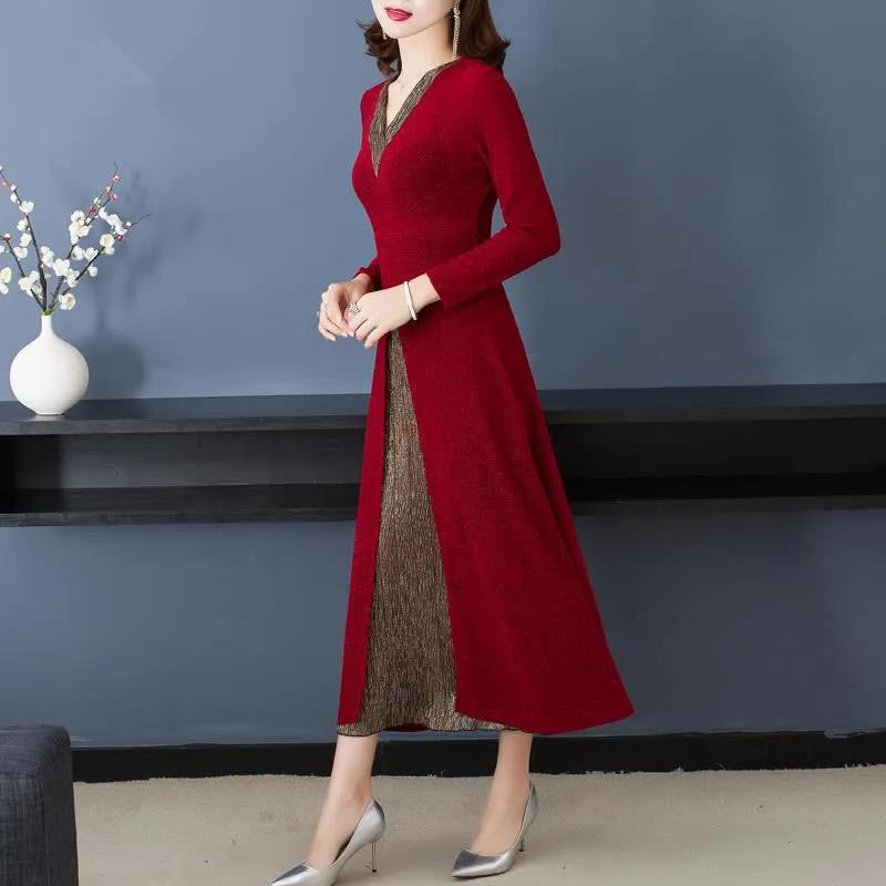 lusailstore-Lady’s Temperament Fake 2-piece Long-sleeve Dress