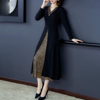 lusailstore-Lady’s Temperament Fake 2-piece Long-sleeve Dress