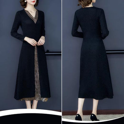 lusailstore-Lady’s Temperament Fake 2-piece Long-sleeve Dress