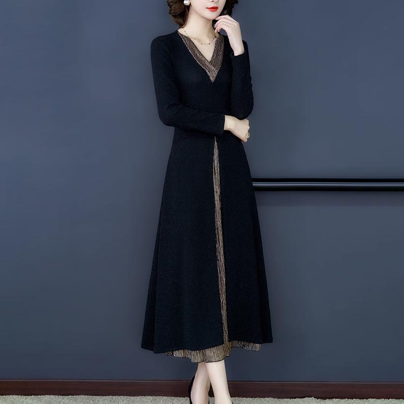 lusailstore-Lady’s Temperament Fake 2-piece Long-sleeve Dress