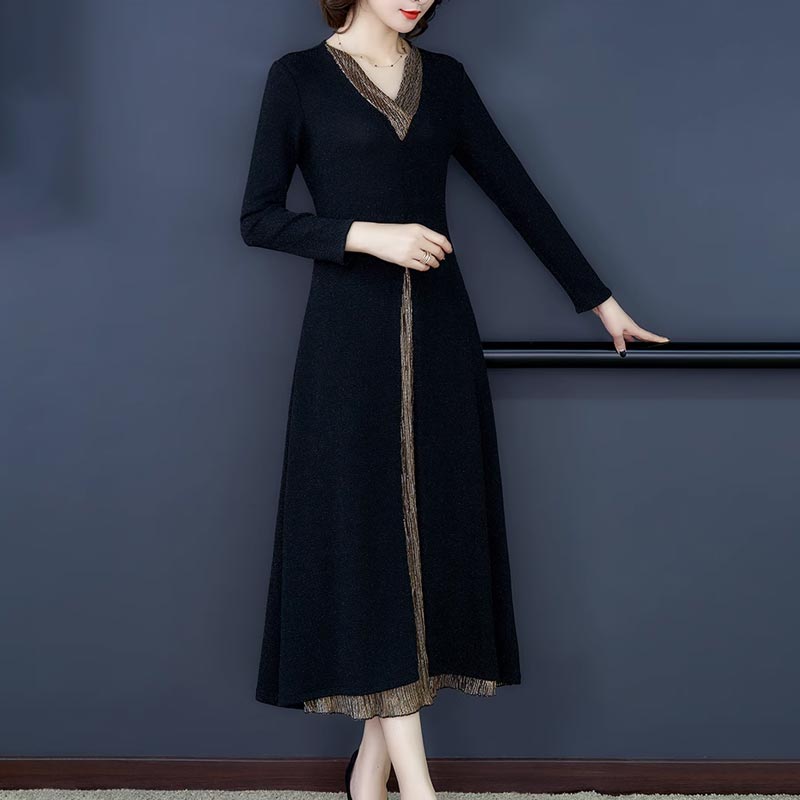 lusailstore-Lady’s Temperament Fake 2-piece Long-sleeve Dress