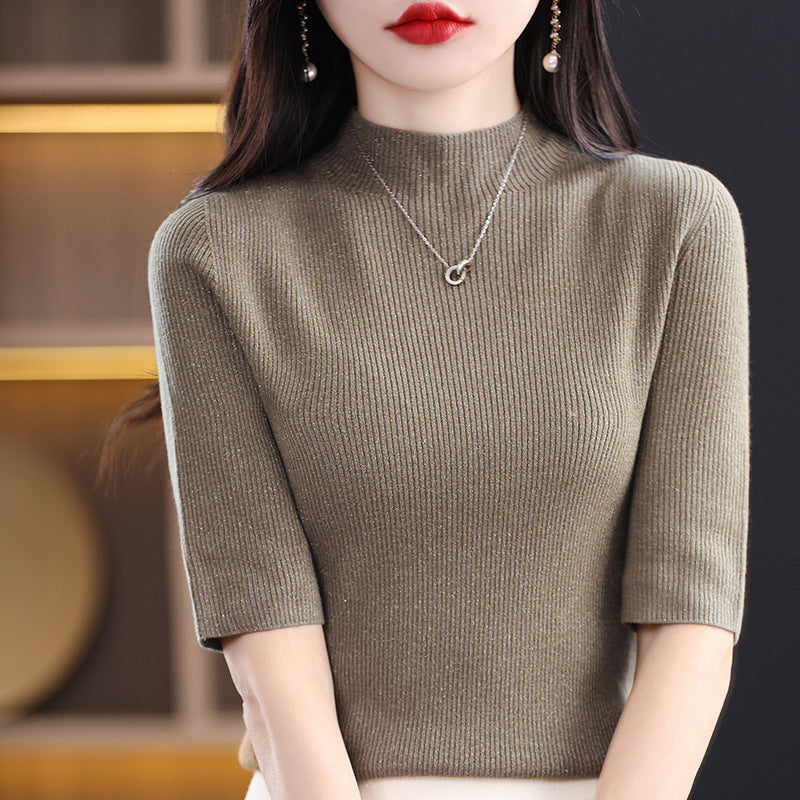 lusailstore-Women’s Half Sleeve Mock Turtleneck Sweater