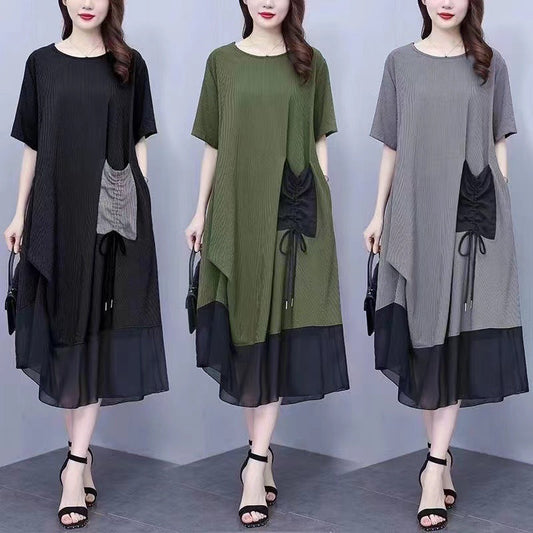 lusailstore -Women's Round Neck Patchwork Loose Dress