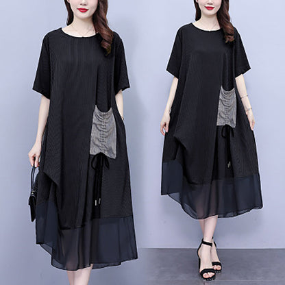 lusailstore -Women's Round Neck Patchwork Loose Dress