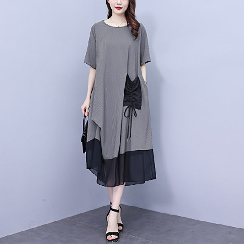 lusailstore -Women's Round Neck Patchwork Loose Dress