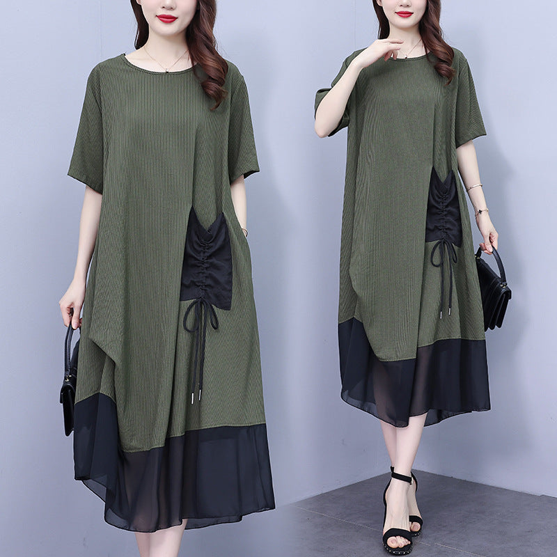 lusailstore -Women's Round Neck Patchwork Loose Dress