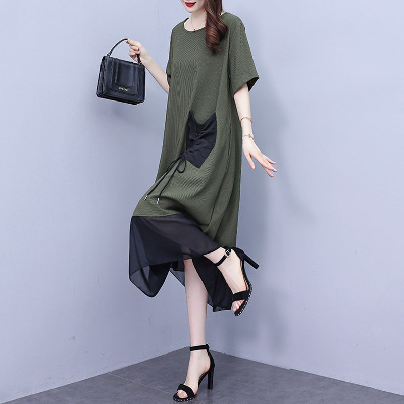 lusailstore -Women's Round Neck Patchwork Loose Dress