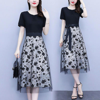 lusailstore-Women's Black Short-sleeve Patchwork Mesh Dress