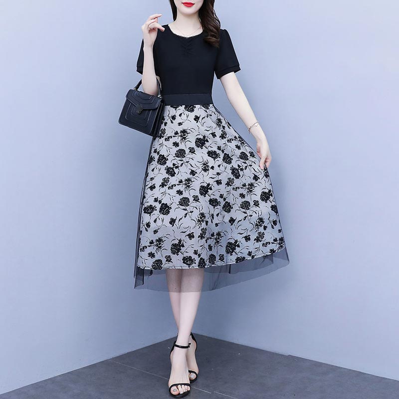 lusailstore-Women's Black Short-sleeve Patchwork Mesh Dress