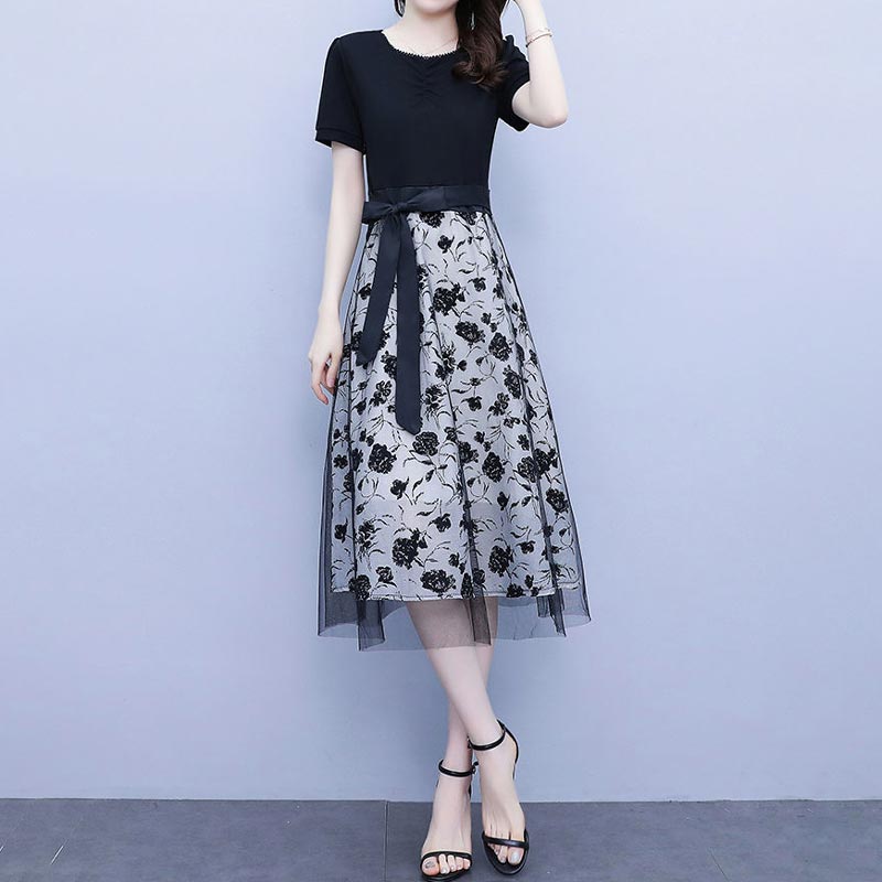 lusailstore-Women's Black Short-sleeve Patchwork Mesh Dress