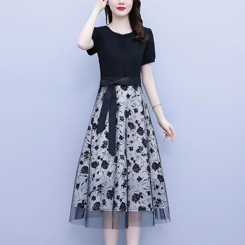 lusailstore-Women's Black Short-sleeve Patchwork Mesh Dress