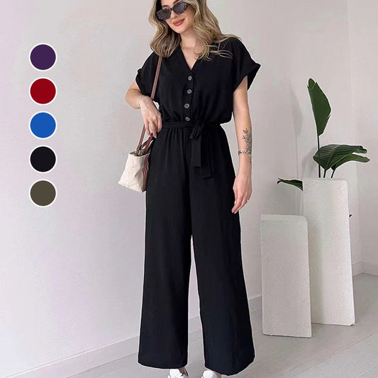 lusailstore-Women's V-Neck Short Sleeve Casual Jumpsuit