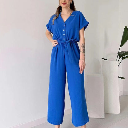 lusailstore-Women's V-Neck Short Sleeve Casual Jumpsuit