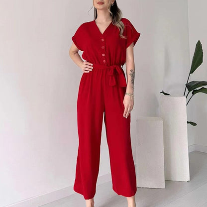 lusailstore-Women's V-Neck Short Sleeve Casual Jumpsuit