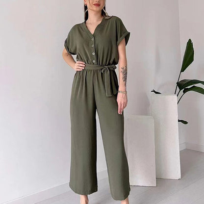 lusailstore-Women's V-Neck Short Sleeve Casual Jumpsuit