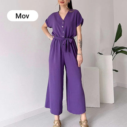 lusailstore-Women's V-Neck Short Sleeve Casual Jumpsuit