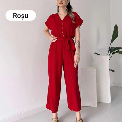 lusailstore-Women's V-Neck Short Sleeve Casual Jumpsuit