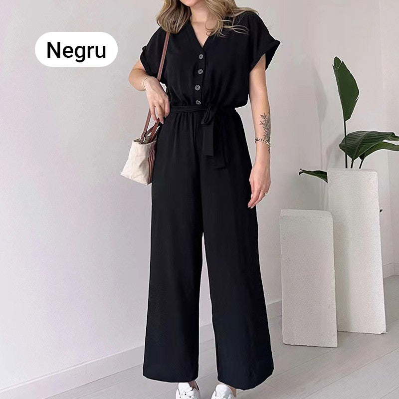 lusailstore-Women's V-Neck Short Sleeve Casual Jumpsuit