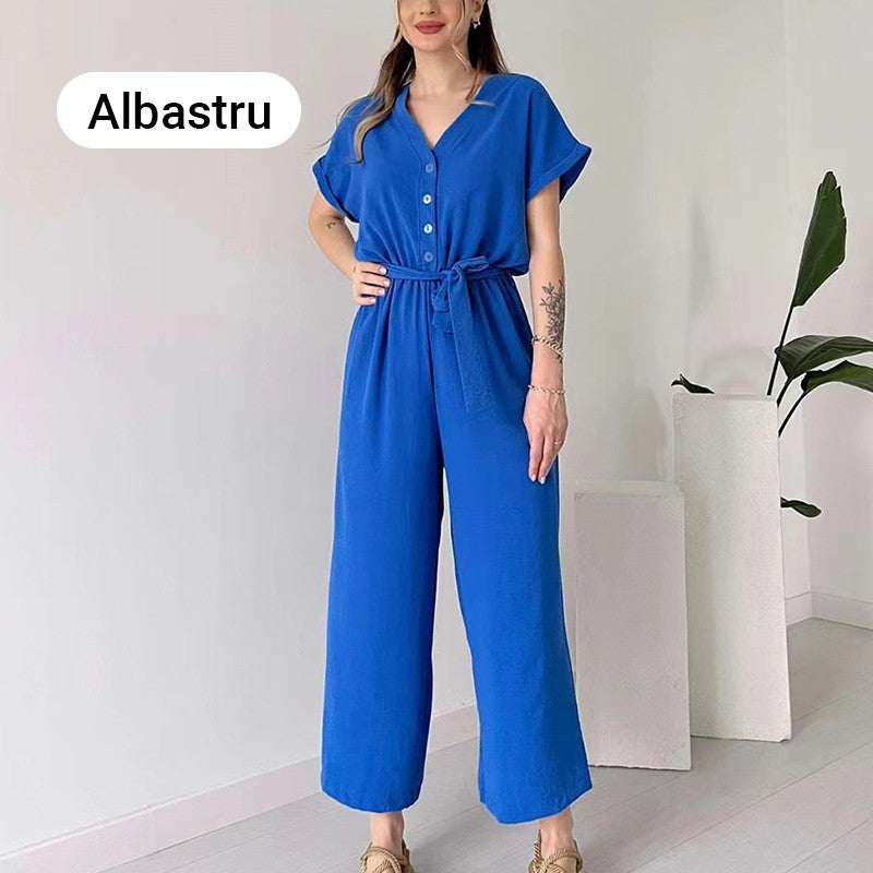 lusailstore-Women's V-Neck Short Sleeve Casual Jumpsuit