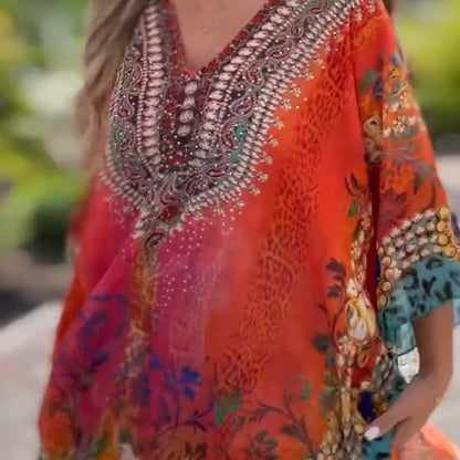 lusailstore - loose printed v-neck ethnic style blouses