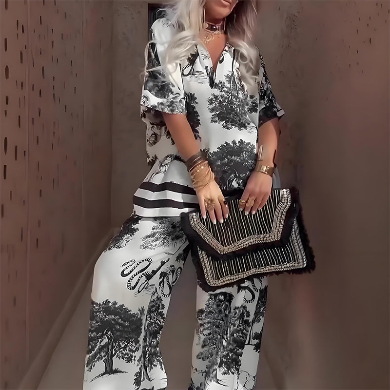 lusailstore - V-neck luxury printed casual two-piece suit