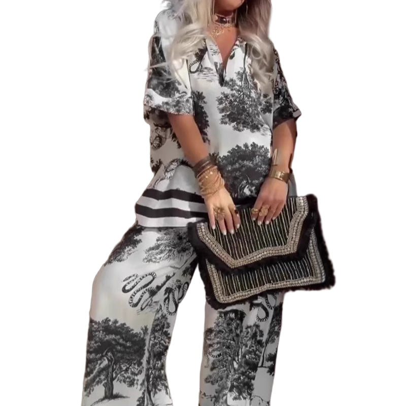 lusailstore - V-neck luxury printed casual two-piece suit